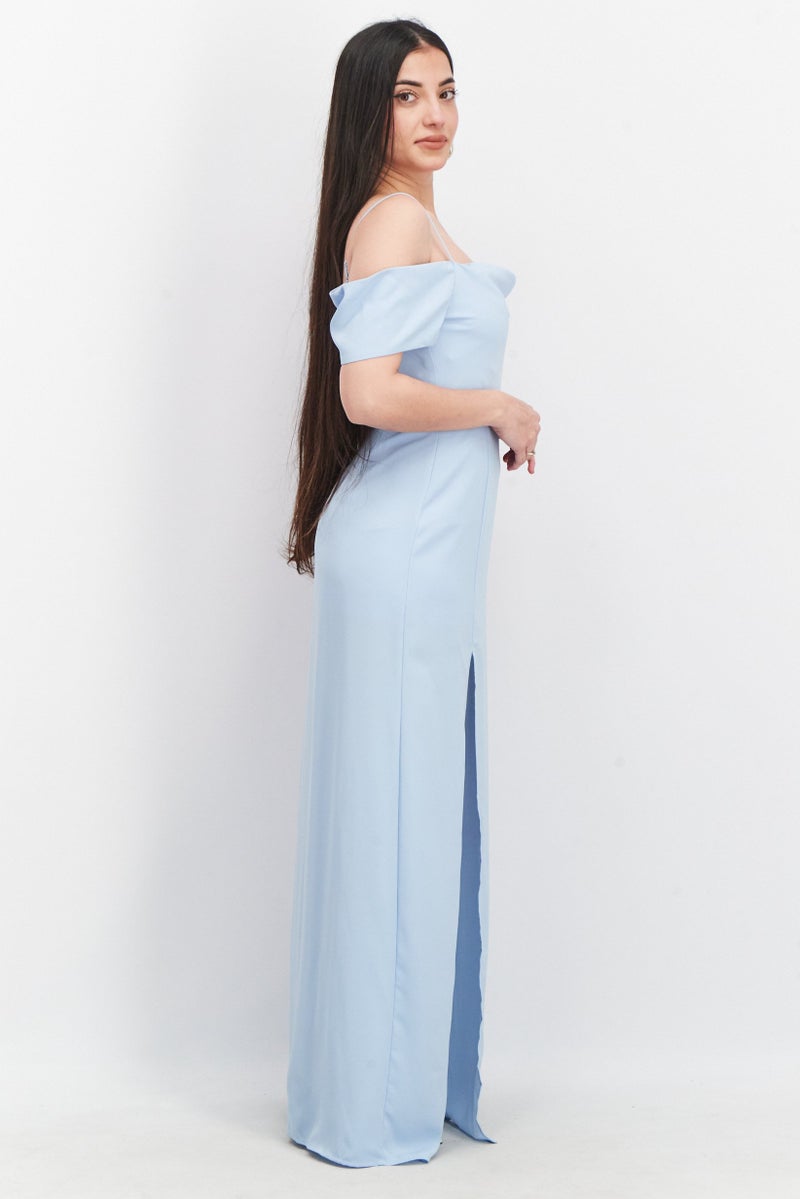 NA-KD فستان ماكسي بسيط بتفاصيل مكسوة من باميلا × NA-KD ريبورن للنساء، أزرق باهت - Image 3